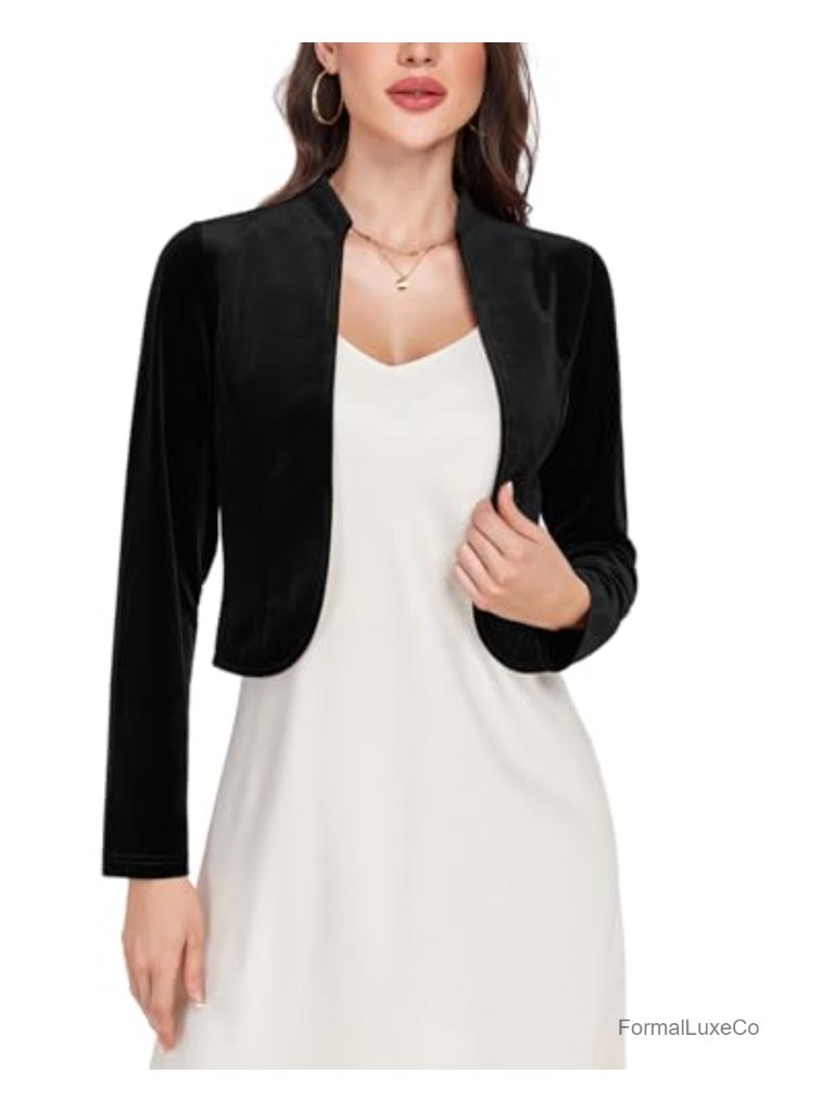 Velvet Long Sleeve Open Front Cropped Cardigan Shrug For Evening Dresses